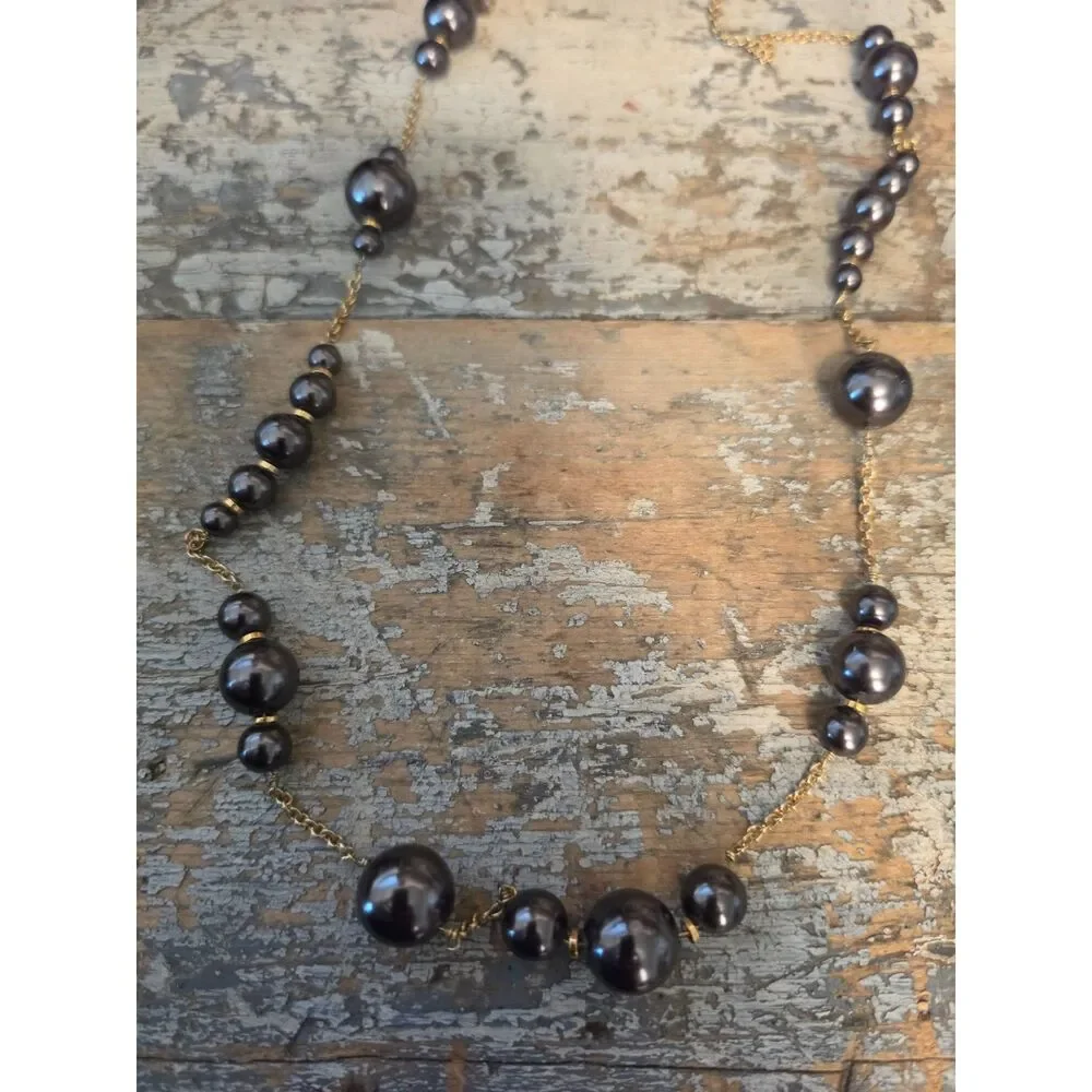 J.Crew Gray Faux Pearl Station Necklace Gold Tone Long Signed Vintage Style
